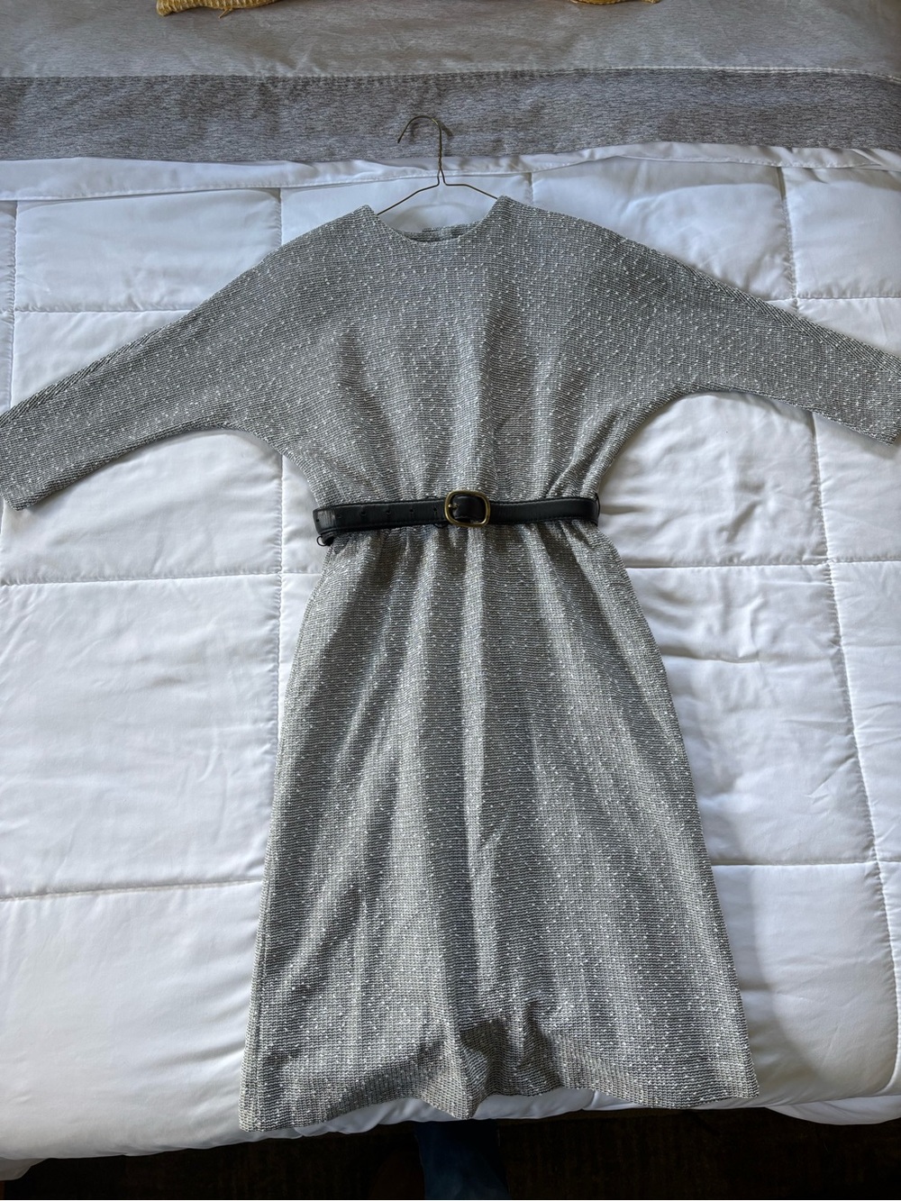 70s/80s True Vintage Gray Marled Knit Midi Dress Batwing Dolman Sleeve